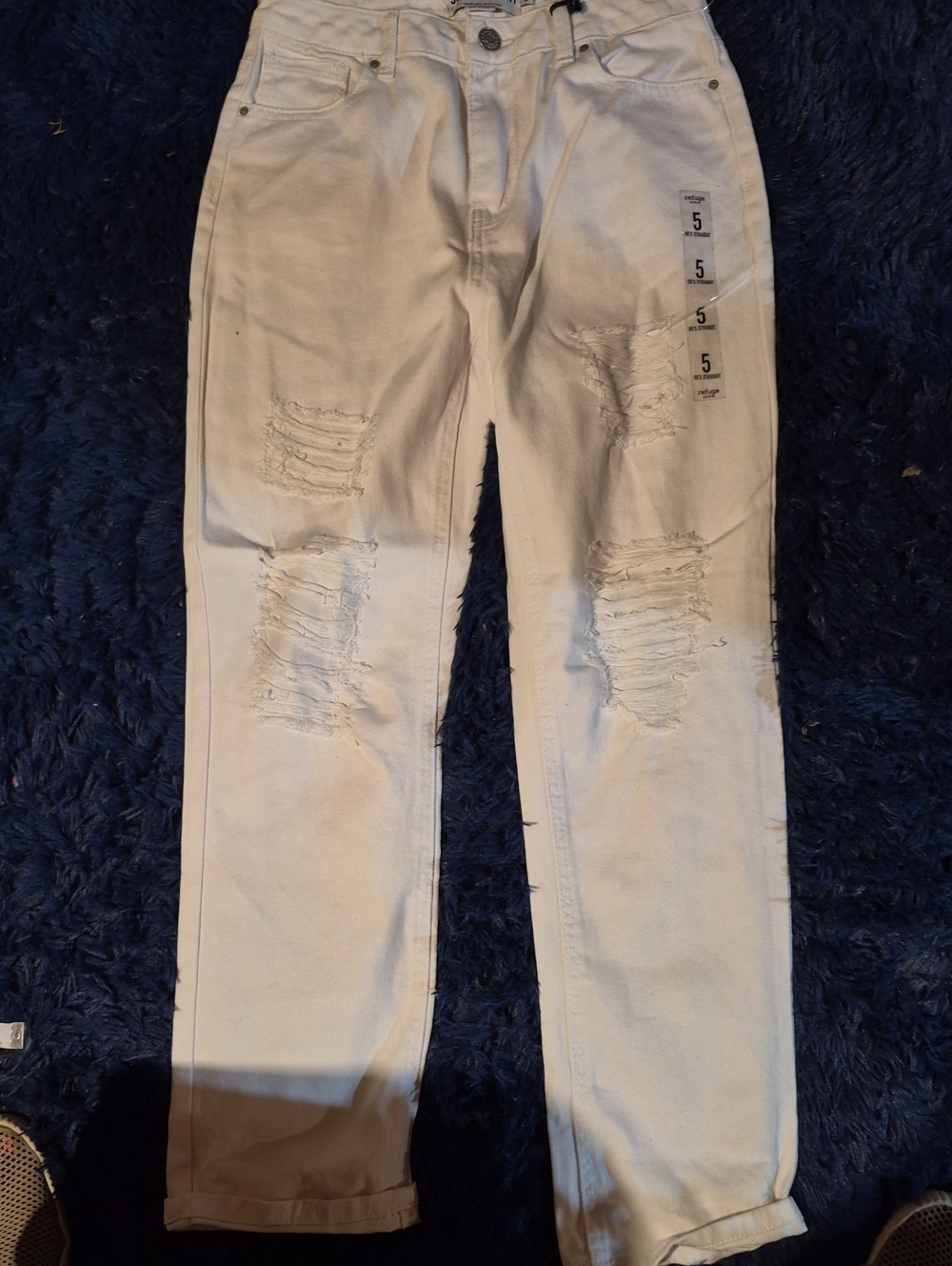 refuge Women's Distressed Off-White Straight Jeans